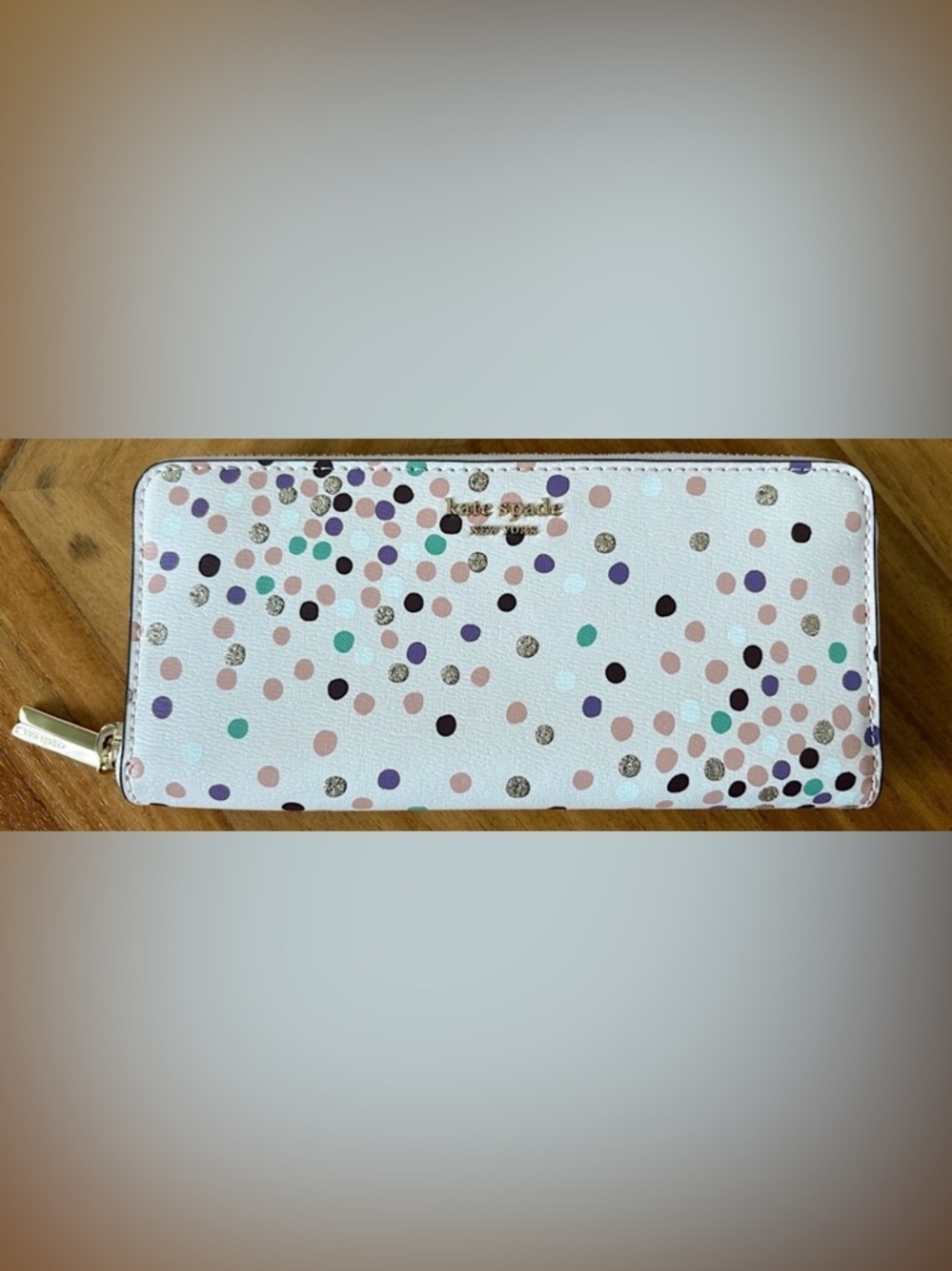 NWOT - Kate Spade White Polka Dot Wallet with Multicolor Dots - Picture 1 of 6